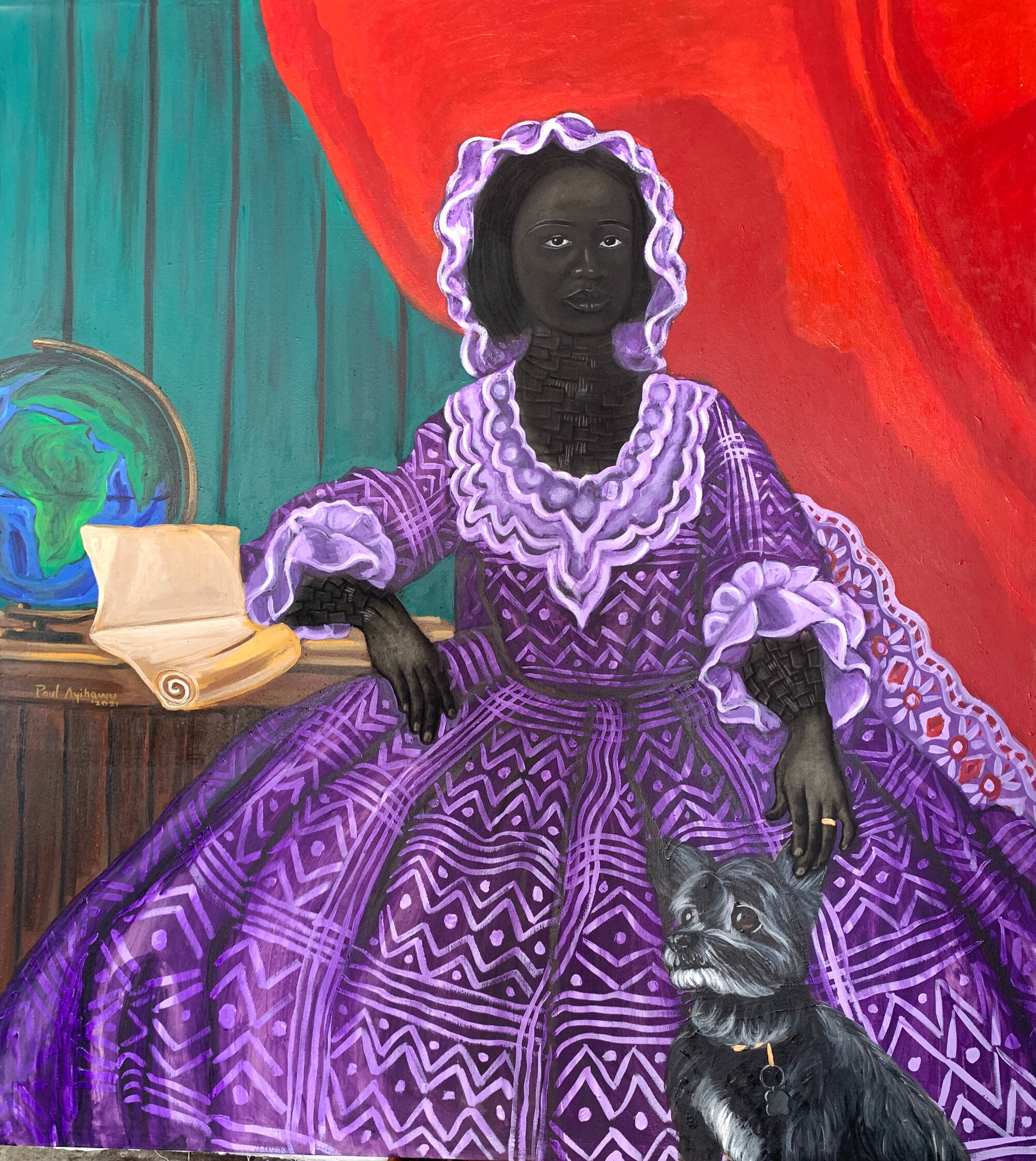 Acrylic painted portrait of the portrait of a seated woman in a decorative purple dress. She has a globe, a scroll, and a small dog near here.